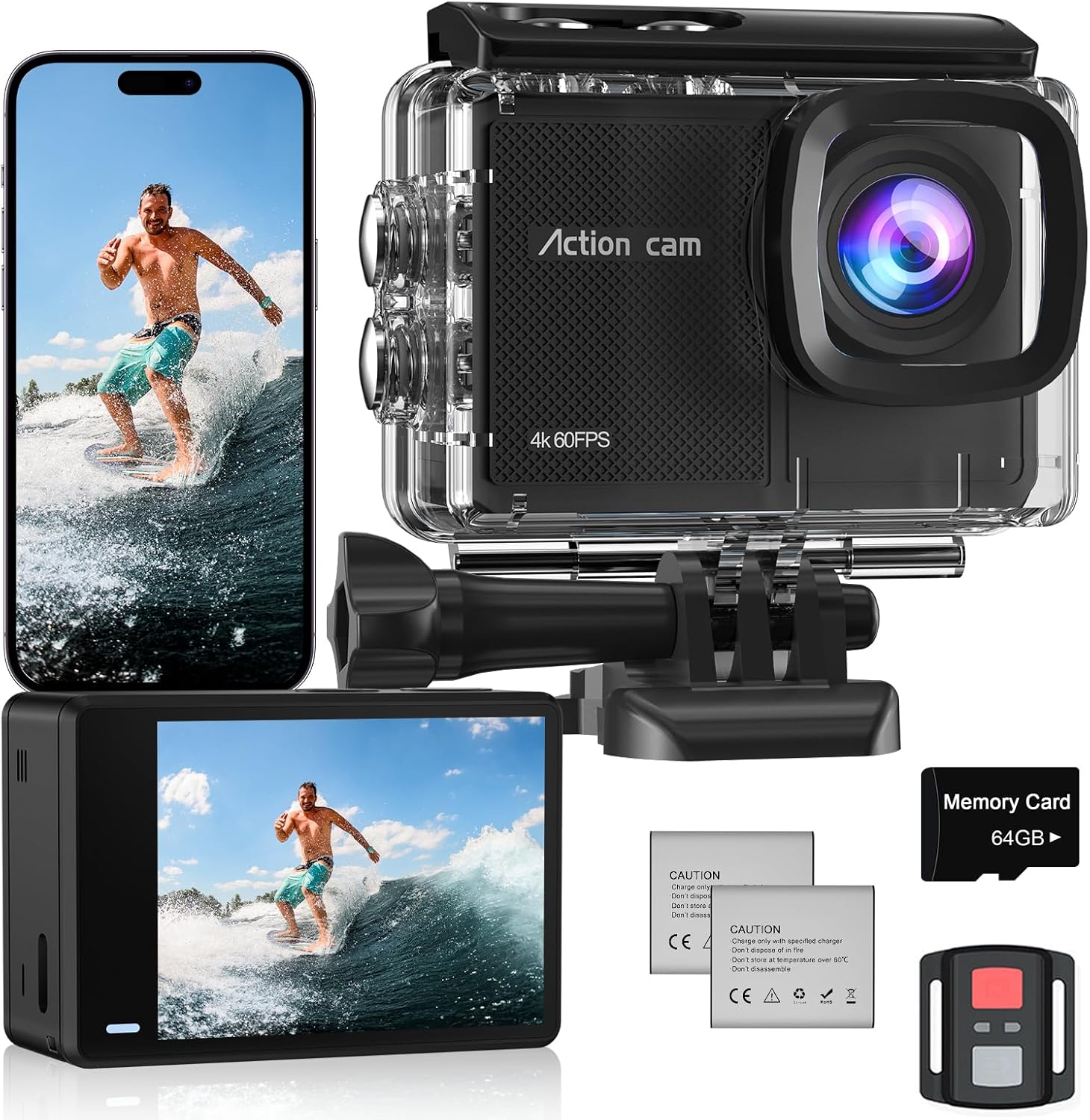 4K 60FPS Action Camera with 64GB Card-48MP Waterproof Camera,40M Underwater Camera,8X Zoom,EIS Stabilization,WiFi,Remote Control,MotorcycleCamera with 2 Rechargeable Batteries - Image 9